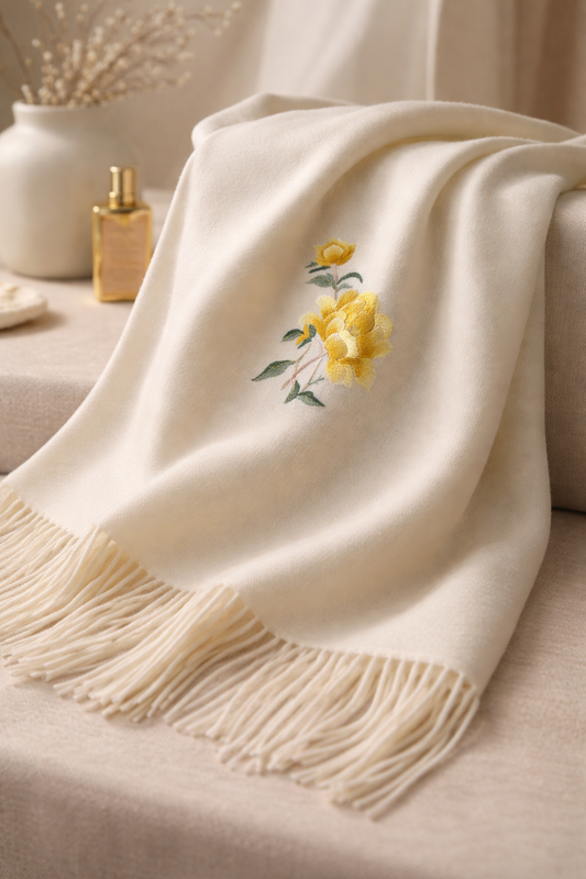 100% Cashmere Scarf with Su Embroidery : Blooming Prosperity